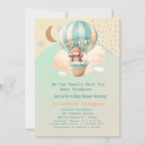 Cute Teddy Bear Hot Air Balloons  Baby Shower   Invitation