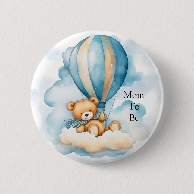 Cute Teddy Bear Hot Air Balloons Boy Baby Shower Button (Front)