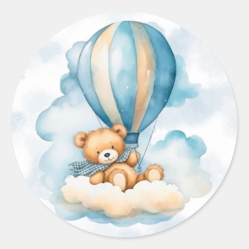 Cute Teddy Bear Hot Air Balloons Boy Baby Shower Classic Round Sticker