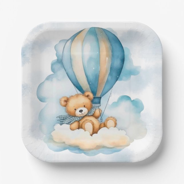 Cute Teddy Bear Hot Air Balloons Boy Baby Shower Paper Plates (Front)