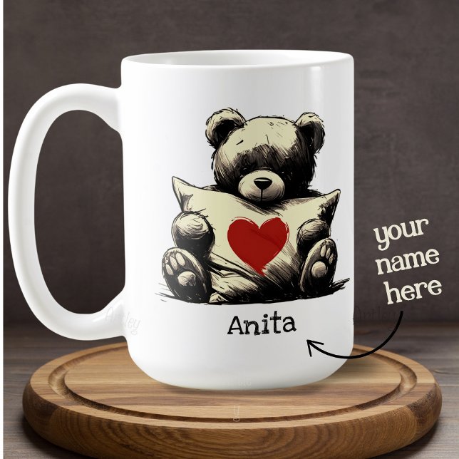 Cute Teddy Bear Hug Pillow Red Heart Custom Name Coffee Mug (Creator Uploaded)
