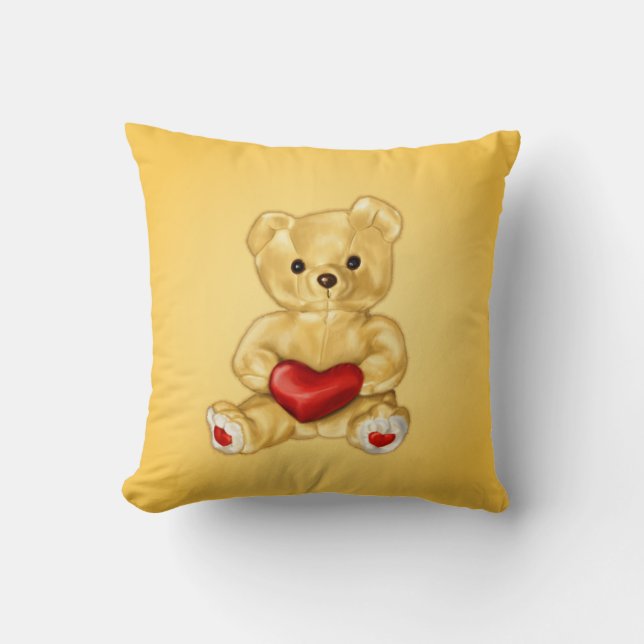 Cute Teddy Bear Hypnotist Holding a Heart Yellow Throw Pillow (Front)