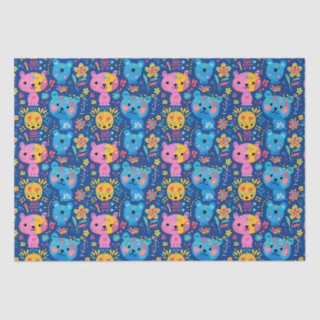 Cute Teddy Bear Illustration Blue Kids  Tissue Paper (Front)