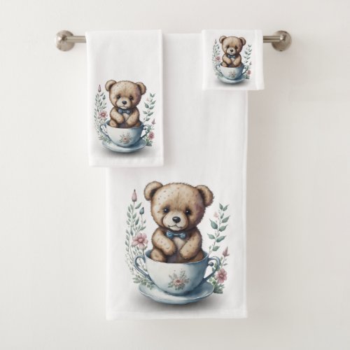 Cute Teddy Bear in a Teacup with Flowers Bath Towel Set