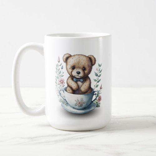 Cute Teddy Bear in a Teacup with Flowers Coffee Mug