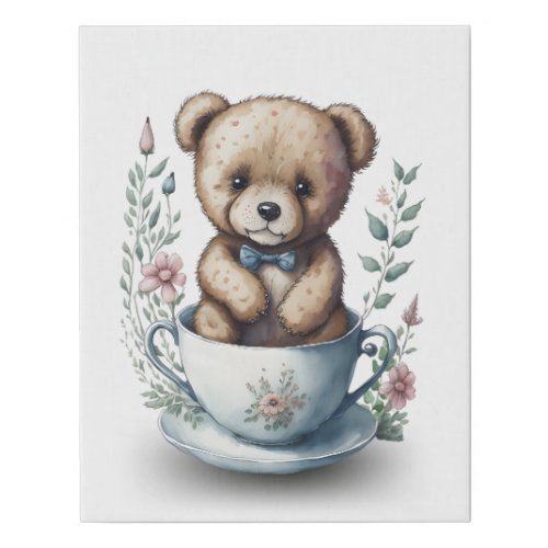 Cute Teddy Bear in a Teacup with Flowers Faux Canvas Print