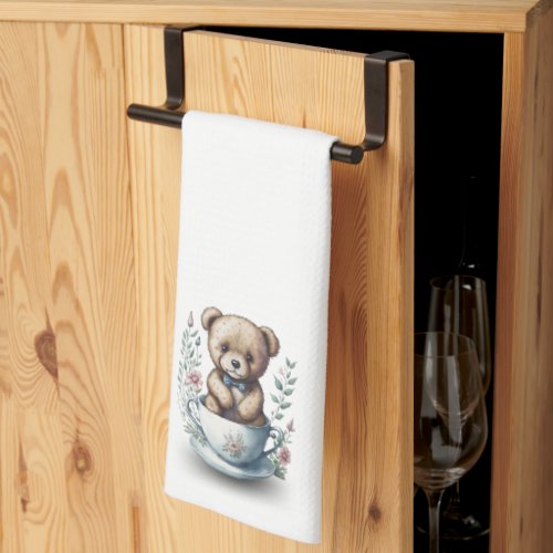 Cute Teddy Bear in a Teacup with Flowers Kitchen Towel
