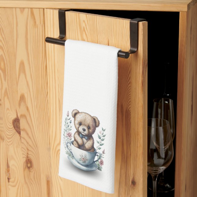 Cute Teddy Bear in a Teacup with Flowers Kitchen Towel (Thirds Fold)