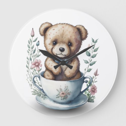 Cute Teddy Bear in a Teacup with Flowers Large Clock