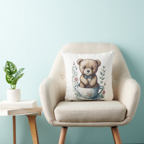 Cute Teddy Bear in a Teacup with Flowers Throw Pillow