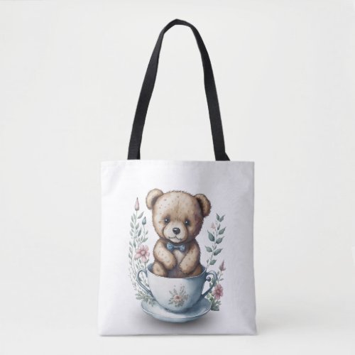 Cute Teddy Bear in a Teacup with Flowers Tote Bag