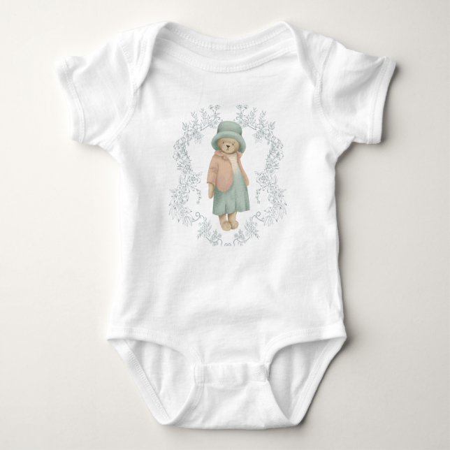 cute teddy bear in a trendy hat baby bodysuit (Front)