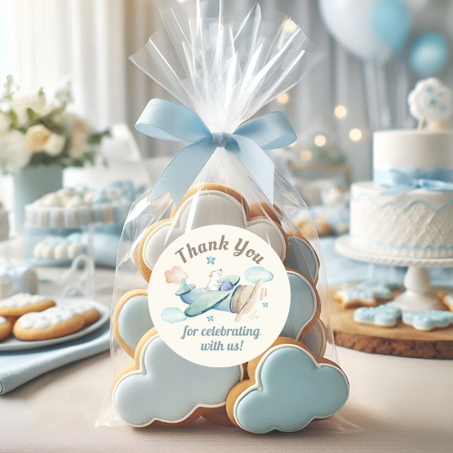 Cute Teddy Bear in Airplane Baby Shower Classic Round Sticker (Creator Uploaded)
