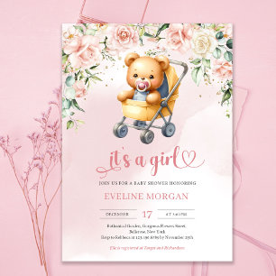 Cute teddy bear in baby stroller floral girl baby invitation