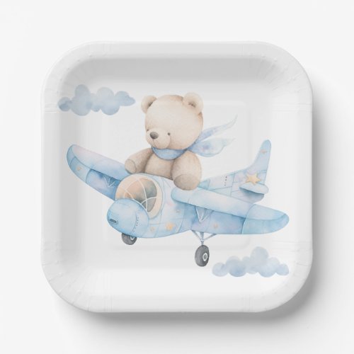 Cute Teddy Bear in blue plane Paper Plate