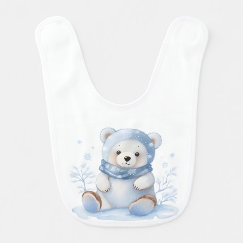 Cute Teddy Bear in Blue Scarf Hat Sitting in Snow  Baby Bib