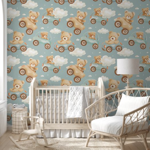 Cute Teddy Bear in Car Clouds White Blue Nursery 