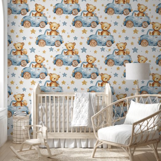 Cute Teddy Bear in Car Stars Blue Brown Nursery 