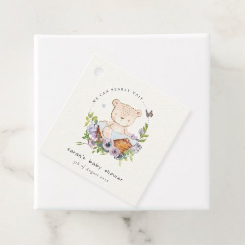 Cute Teddy Bear In Flower Basket Blue Baby Shower Favor Tags