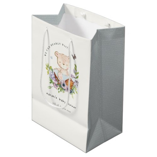 Cute Teddy Bear In Flower Basket Blue Baby Shower Medium Gift Bag