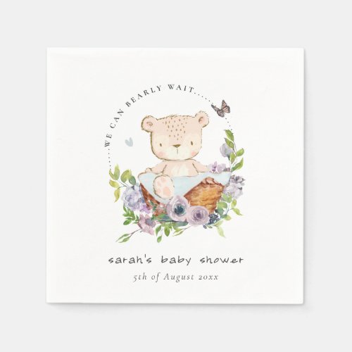 Cute Teddy Bear In Flower Basket Blue Baby Shower Napkins