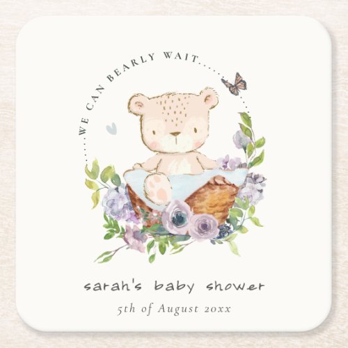 Cute Teddy Bear In Flower Basket Blue Baby Shower Square Paper Coaster