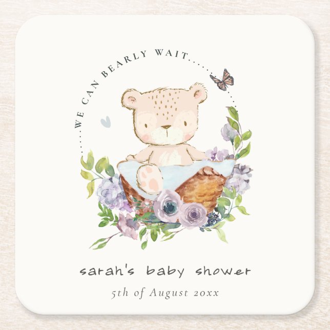 Cute Teddy Bear In Flower Basket Blue Baby Shower Square Paper Coaster (Front)
