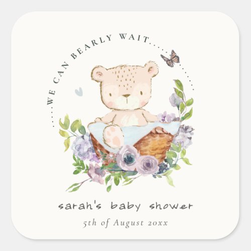 Cute Teddy Bear In Flower Basket Blue Baby Shower Square Sticker