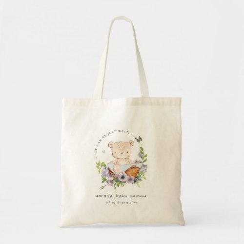 Cute Teddy Bear In Flower Basket Blue Baby Shower Tote Bag