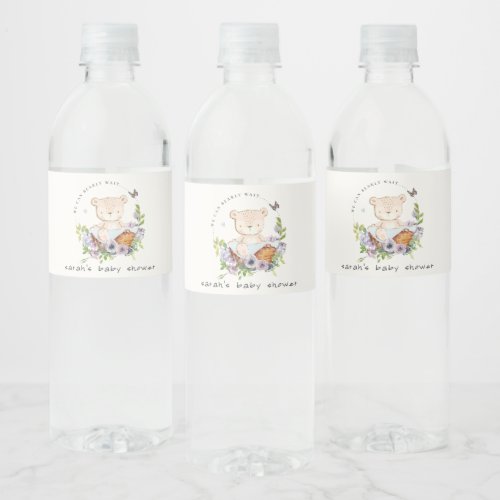 Cute Teddy Bear In Flower Basket Blue Baby Shower Water Bottle Label