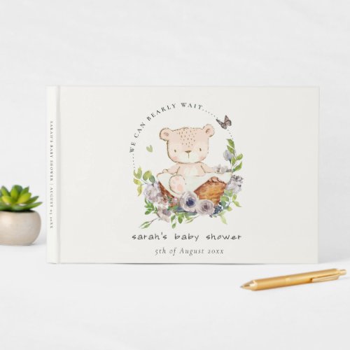 Cute Teddy Bear In Flower Basket Green Baby Shower Guest Book