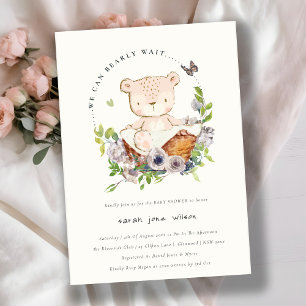 Cute Teddy Bear In Flower Basket Green Baby Shower Invitation