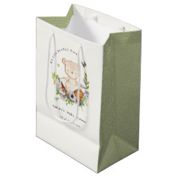 Cute Teddy Bear In Flower Basket Green Baby Shower Medium Gift Bag