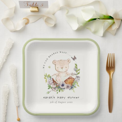 Cute Teddy Bear In Flower Basket Green Baby Shower Paper Plates