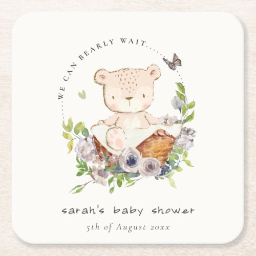 Cute Teddy Bear In Flower Basket Green Baby Shower Square Paper Coaster