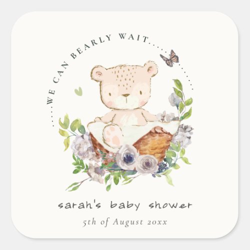 Cute Teddy Bear In Flower Basket Green Baby Shower Square Sticker