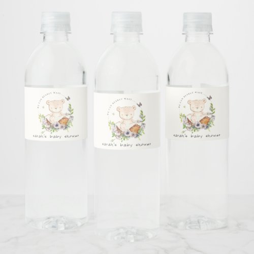 Cute Teddy Bear In Flower Basket Green Baby Shower Water Bottle Label