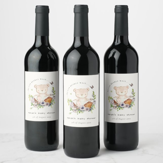 Cute Teddy Bear In Flower Basket Green Baby Shower Wine Label (Bottles)