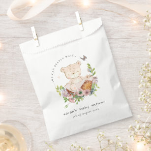 Cute Teddy Bear In Flower Basket Pink Baby Shower Favor Bag