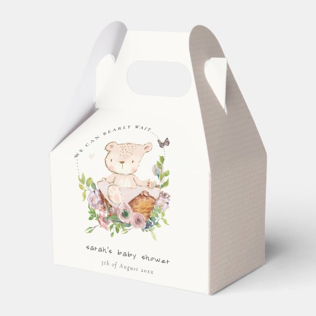 Cute Teddy Bear In Flower Basket Pink Baby Shower Favor Boxes (Front Side)