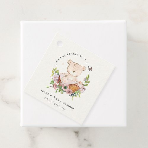 Cute Teddy Bear In Flower Basket Pink Baby Shower Favor Tags