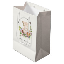 Cute Teddy Bear In Flower Basket Pink Baby Shower Medium Gift Bag
