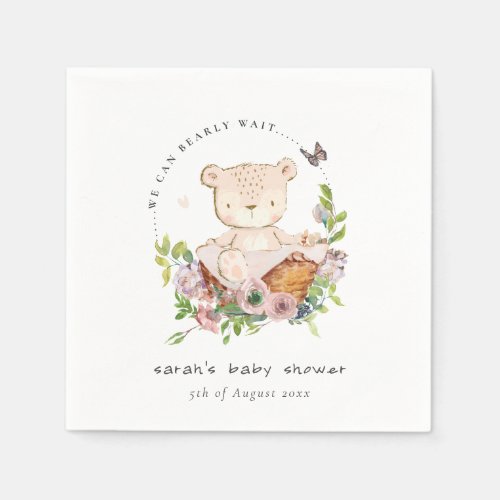 Cute Teddy Bear In Flower Basket Pink Baby Shower Napkins