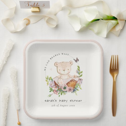 Cute Teddy Bear In Flower Basket Pink Baby Shower Paper Plates