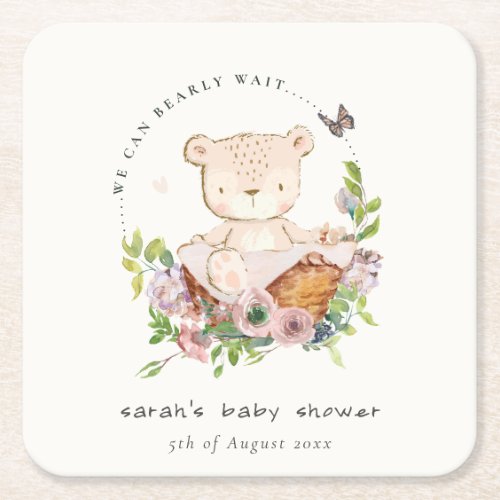 Cute Teddy Bear In Flower Basket Pink Baby Shower Square Paper Coaster