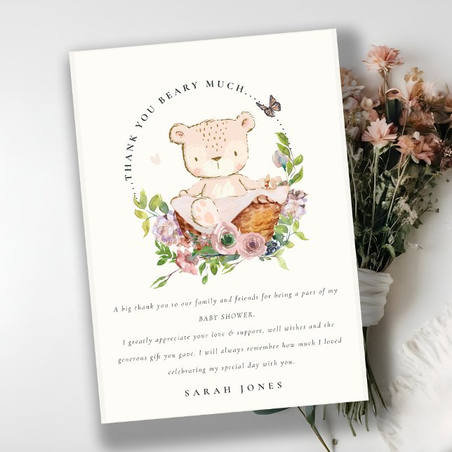 Cute Teddy Bear In Flower Basket Pink Baby Shower Thank You Card (Creator Uploaded)