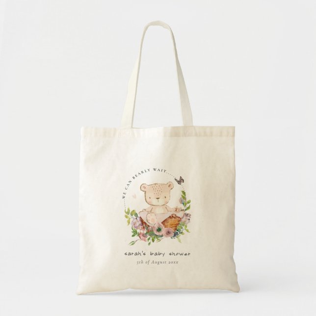 Cute Teddy Bear In Flower Basket Pink Baby Shower Tote Bag (Front)