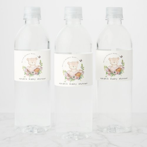 Cute Teddy Bear In Flower Basket Pink Baby Shower Water Bottle Label