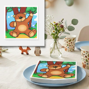 Cute Teddy Bear in Forest Cartoon Kids Birthday Napkins
