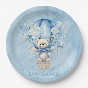 Cute Teddy Bear In Hot Air Balloon Boy Baby Shower Paper Plates